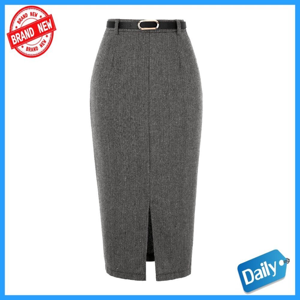 High Waisted Midi Pencil Skirt with Belt Slit Office Work Wear